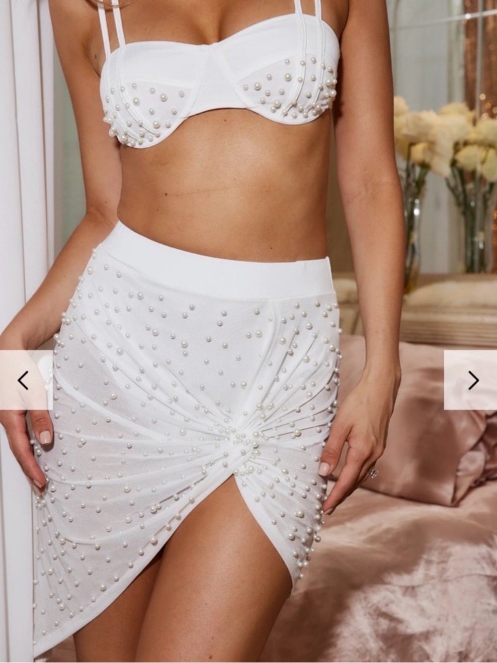 12th Tribe White Asymmetrical Pearl-Embellished Skirt